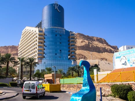 Dead Sea, Israel - July 23, 2015: The resort on the Dead Sea, a therapeutic health resort in a natural pond.