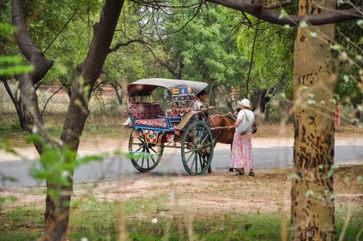 Pagan, Myanmar - August 23, 2015: Valley of a thousand pagodas in Myanmar. The ancient religious city of Pagan with pagodas and shrines.