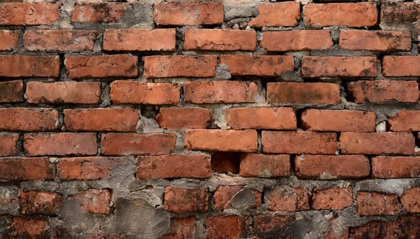 Fragment of old brickwork, close-up. Red brick wall. Potholes and defects in a brick wall. Flat lay, close-up. Cracks and defects of red brick on the wall. building houses, texture