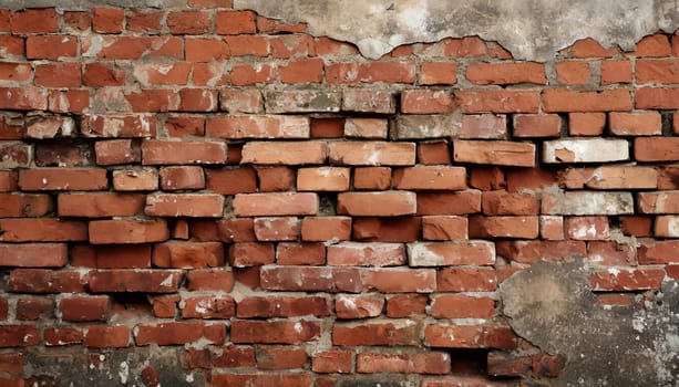 Fragment of old brickwork, close-up. Red brick wall. Potholes and defects in a brick wall. Flat lay, close-up. Cracks and defects of red brick on the wall. building houses, texture