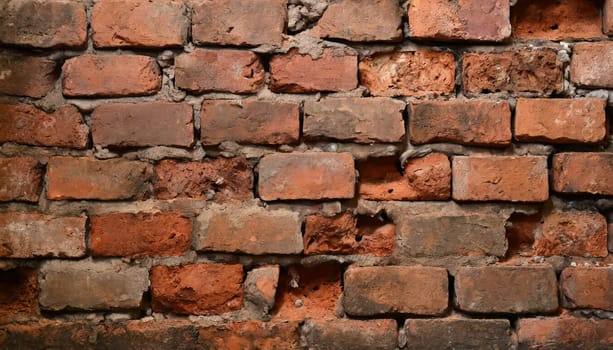 Fragment of old brickwork, close-up. Red brick wall. Potholes and defects in a brick wall. Flat lay, close-up. Cracks and defects of red brick on the wall. building houses, texture