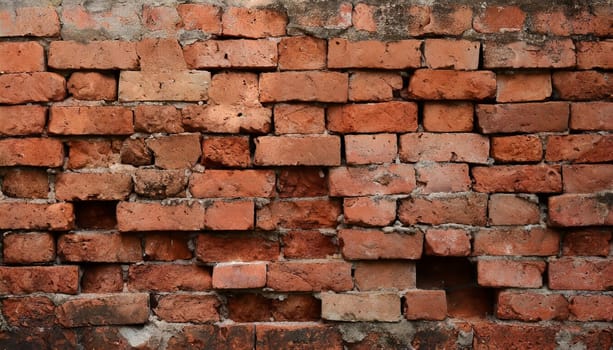 Fragment of old brickwork, close-up. Red brick wall. Potholes and defects in a brick wall. Flat lay, close-up. Cracks and defects of red brick on the wall. building houses, texture