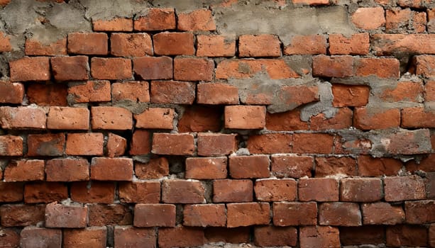 Fragment of old brickwork, close-up. Red brick wall. Potholes and defects in a brick wall. Flat lay, close-up. Cracks and defects of red brick on the wall. building houses, texture