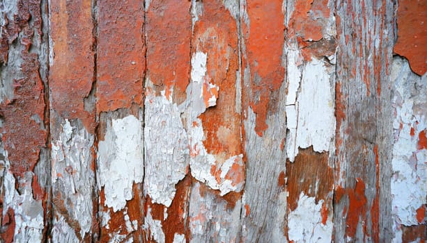 Light blue red and green weathered wooden background with cracked paint.