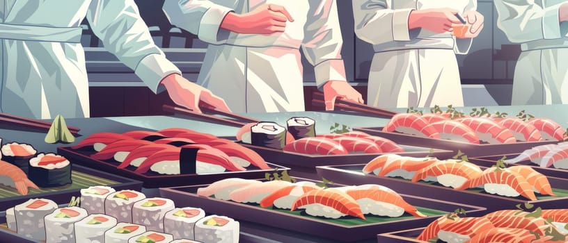 Chefs preparing assorted sushi on a counter, showcasing skill and fresh ingredients