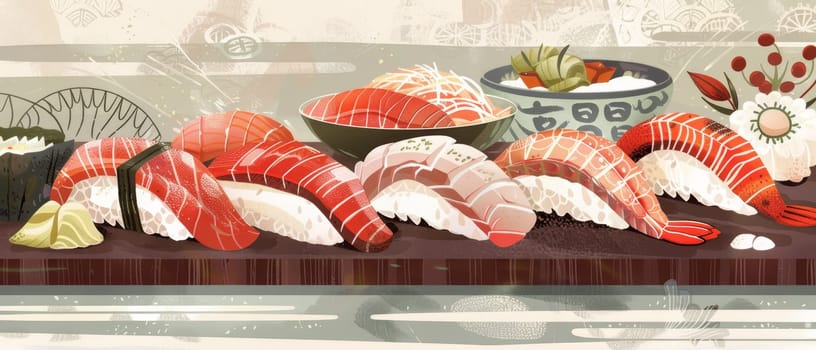 Artistic illustration of colorful sushi pieces on a tray, surrounded by abstract floral and wave patterns