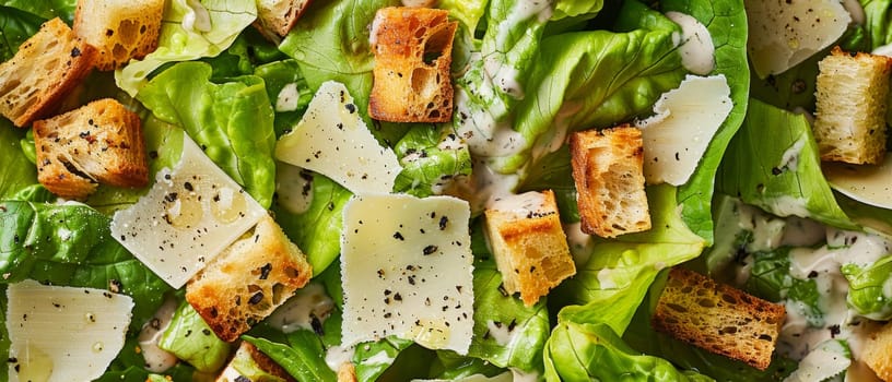 Close-up of fresh Caesar salad with crispy croutons, parmesan cheese, and green lettuce