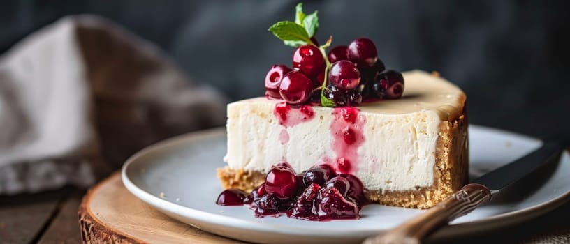 A slice of cheesecake with a thick graham cracker crust and a topping of fresh blackberries