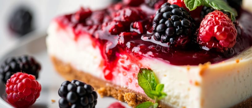 Elegant slice of cheesecake topped with mixed berries on a white plate, a delicious dessert