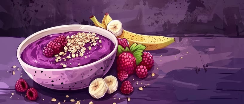 A vibrant illustration of a healthy breakfast bowl with yogurt, granola, blueberries, bananas, and raspberries on a wooden table