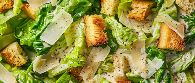 Close-up of fresh Caesar salad with crispy croutons, parmesan cheese, and green lettuce