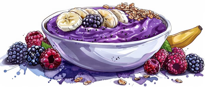 A colorful illustration of a delicious Acai bowl topped with bananas, granola, and surrounded by fresh berries
