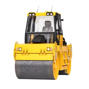 Modern yellow road roller with a visible cabin, isolated on a clean white background. 3d render