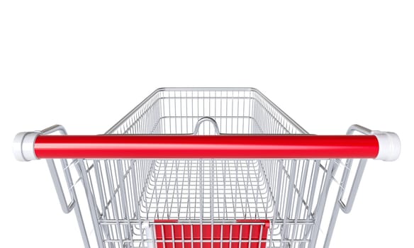 High-resolution image of an unoccupied metal shopping cart with vibrant red handles. 3d render