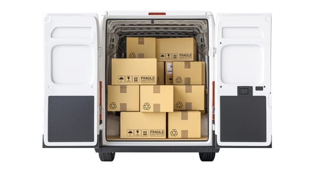 Top view of a cargo van neatly packed with labeled cardboard boxes. 3d render