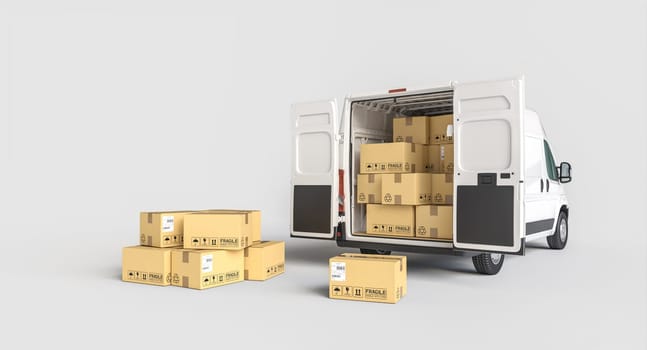 Open delivery van with parcels arranged inside and few boxes placed outside on the ground. 3d render
