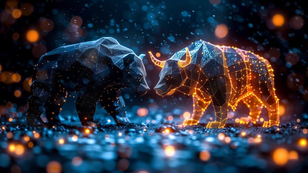 bear and bull silhouettes made of shining lights face off in a vibrant digital landscape, generated by ai