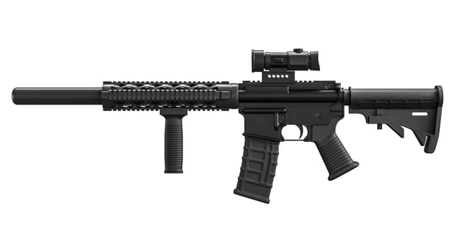 Detailed image of an assault rifle with a matte black finish isolated on a white background. 3d render