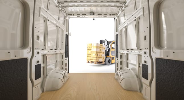 View from inside an empty cargo van with an open door, 3d render