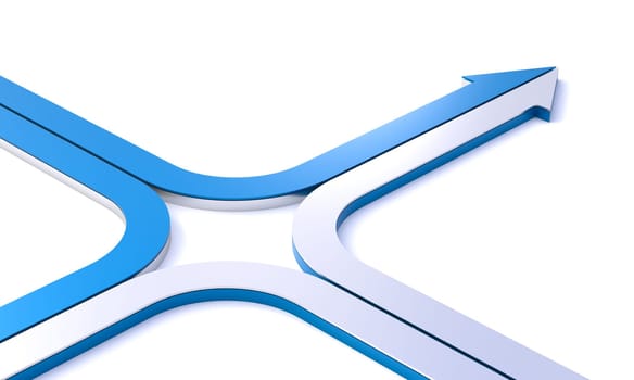 3d illustration of two converging blue paths splitting into different directions