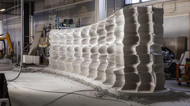 Large-scale 3d printed wall with unique design, showcased in an industrial workshop setting, generated by ai