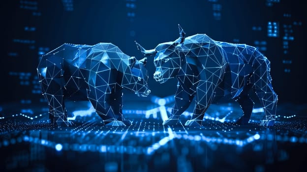 Futuristic digital art of a bull and bear representing market trends in a virtual space. generated by ai