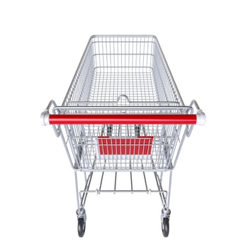 Clean, empty metal shopping cart isolated on a white background, render 3d