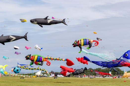 Hsinchu, Taiwan 10 September 2023: Many beautiful kite fly over the sky in Hsinchu city international kite festival at park