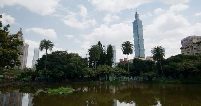 Taipei, Taiwan 12 March 2022: Taipei 101 city landmark in Sun Yat Sen Memorial hall