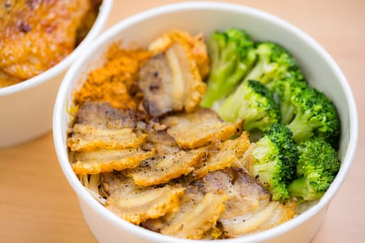 Grill slice of pork meat in the bowl