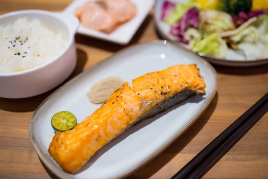 Grill salmon fillet in restaurant