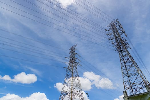Pylon and high voltage powerline over the blue sky
