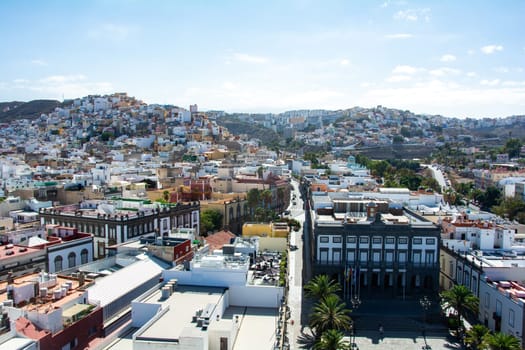 Panoramic top view of the capital Las Palmas Gran Canaria in Spain with blue sky