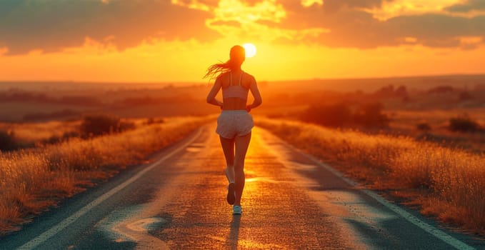 Running girl at sunset, sports jogging, healthy lifestyle AI generated image