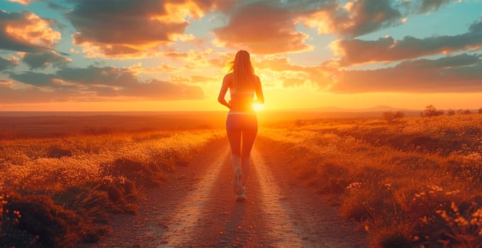 Running girl at sunset, sports jogging, healthy lifestyle AI generated image