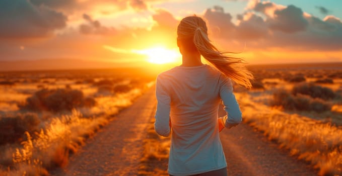 Running girl at sunset, sports jogging, healthy lifestyle AI generated image