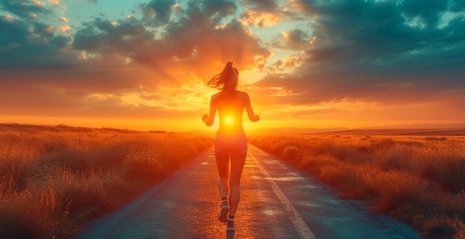 Running girl at sunset, sports jogging, healthy lifestyle AI generated image