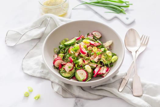Healthy radish and cucumber salad with  dressing and green onions.