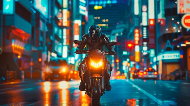 Electric motorbike on the modern night city street, glow effects. Futuristic high speed racing motorcycle scene. AI generated