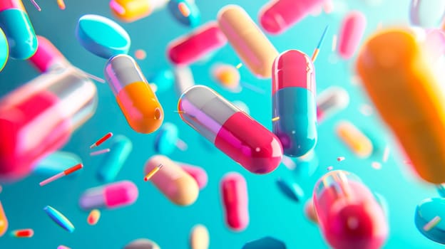 Flying  pills and tablets on blue background. Medicine and healthcare concept. AI generated
