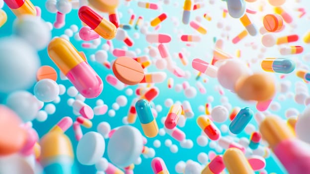 Flying colorful pills and tablets on blue background. Medicine and healthcare concept. AI generated