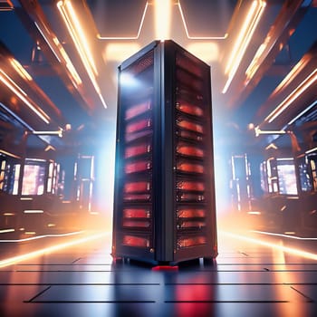 Server room with server cabinets, digitalis for host PC. Management and storage of data. AI generated image.