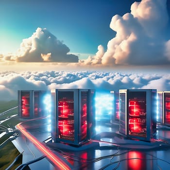 Server room with server cabinets, digitalis for host PC. Management and storage of data. AI generated image.
