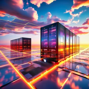 Server room with server cabinets, digitalis for host PC. Management and storage of data. AI generated image.