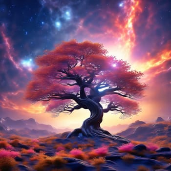 Fantasy tree in front of a starry sky with colorful clouds in the universe. AI generated image. Bright colors with old tree on a hill.