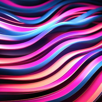 3d render. Abstract panoramic background of twisted dynamic neon lines, in wave form, glows in the dark space. Virtual fluorescent ribbon loop.