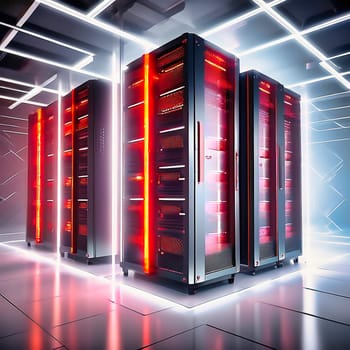 Server room with server cabinets, digitalis for host PC. Management and storage of data. AI generated image.