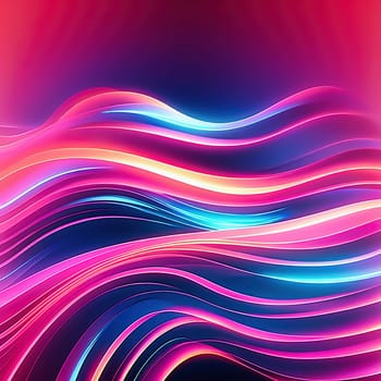 3d render. Abstract panoramic background of twisted dynamic neon lines, in wave form, glows in the dark space. Virtual fluorescent ribbon loop.
