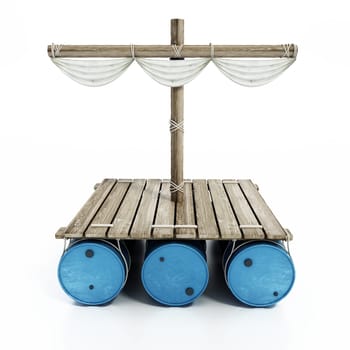 Wooden raft with floating empty barrels on the lower side isolated on white background. 3D illustration.
