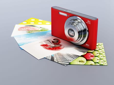 Compact digital camera and photos isolated on gray background. 3D illustration.